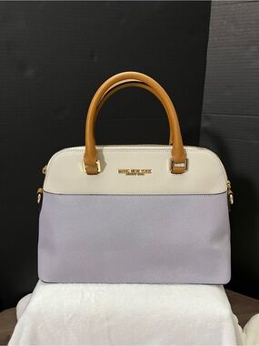 Marc New York Bone White & Lilac  Leather Satchel w Tan Double Handlles
